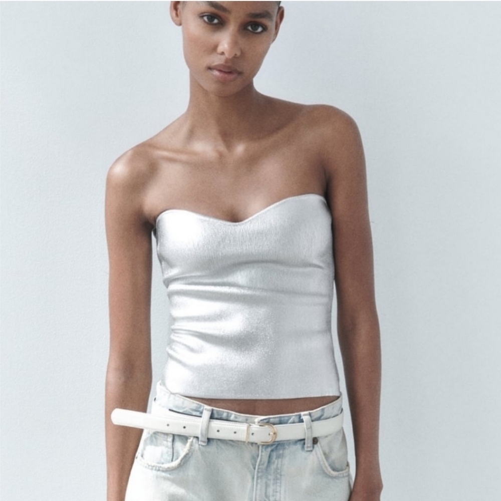 NWT ZARA KNIT BUSTIER TOP SILVER SZ XL